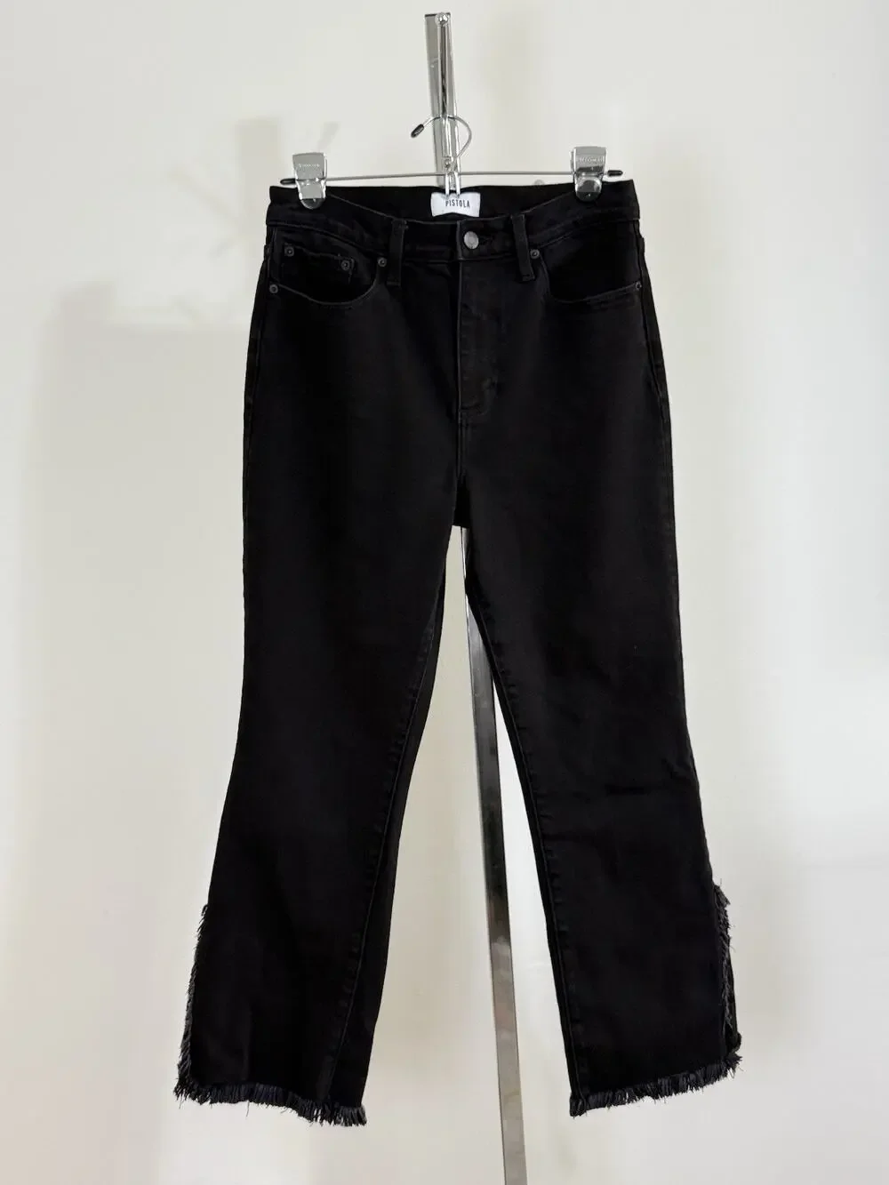 Pistola Black Raw Fringe Hem Crop Bootcut Jeans Womens Size 28 Stretch Denim